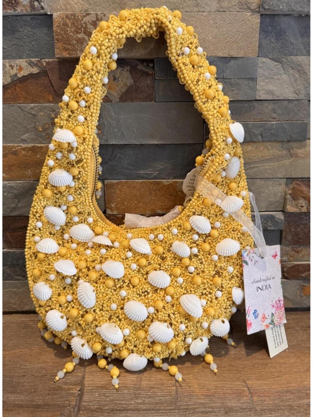 Beaded Handcrafted India Yellow White Shell Coastal Vaca Purse Bag Beautiful NEW